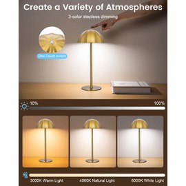 Moddeny Gold Rechargeable Table Lamp Cordless, 4000mAh Battery Powered Table Lamps with 3 Colors Stepless Dimming for Living Room, Wireless Table Lights for Bedroom/Desk/Cafe/Dining Room/Terrace