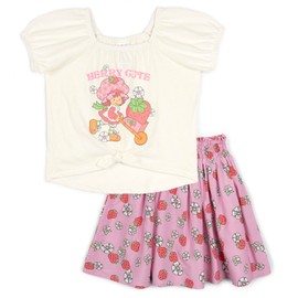 Strawberry Shortcake Toddler Girls Square Neck T-Shirt and Skirt Outfit Set Off White/Pink 4T