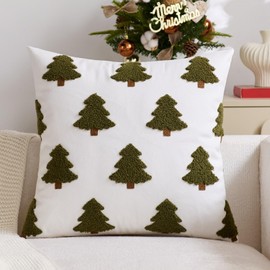 Christmas Pillow Covers 20 x 20 Inch Embroidery Green Trees Decorative Throw Pillow Covers Xmas Winter Holiday Decor for Sofa Couch Bed Living Room White