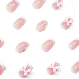 French Tip Press on Nails Short Square Fake Nails with Bow Pearl Design Glossy Pink False Nails Acrylic Nails Short Nails Press ons Full Cover Glue on Nails for Women Valentine's Day Manicure 24Pcs