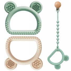3-Pack Baby Teething Toys with Anti-Drop Clip, Infant Silicone Teether Ring