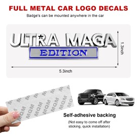 Gasedin Ultra MAGA Edition Car Decals, 3D Raised Letter Metal Fender Badge Sticker, Classic Vehicle Decoration Embossed Decal with Strong Adhesive, Exterior Car Accessories (Silver & Blue)