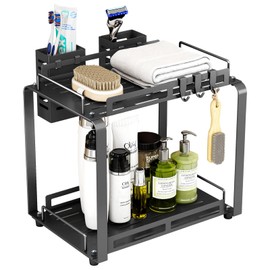 junyuan Large Bathroom Organizer Countertop,2 Tiered Bathroom Organizer Shelves with Toothbrush Holders,Bathroom Counter Storage Rack with Basket and Hooks Metal Black