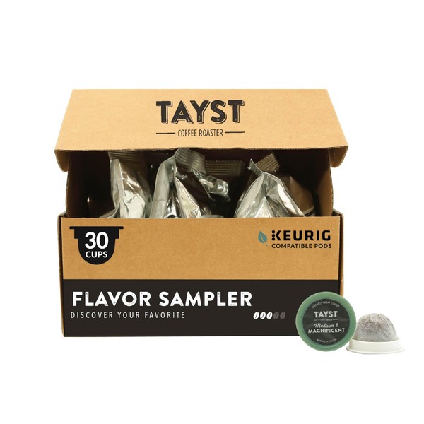 Tayst Coffee Pods | The Samplers | 100% compostable Keurig K-cup compatible | Café gourmet en embalaje respetuoso con la Tierra 30 unidades