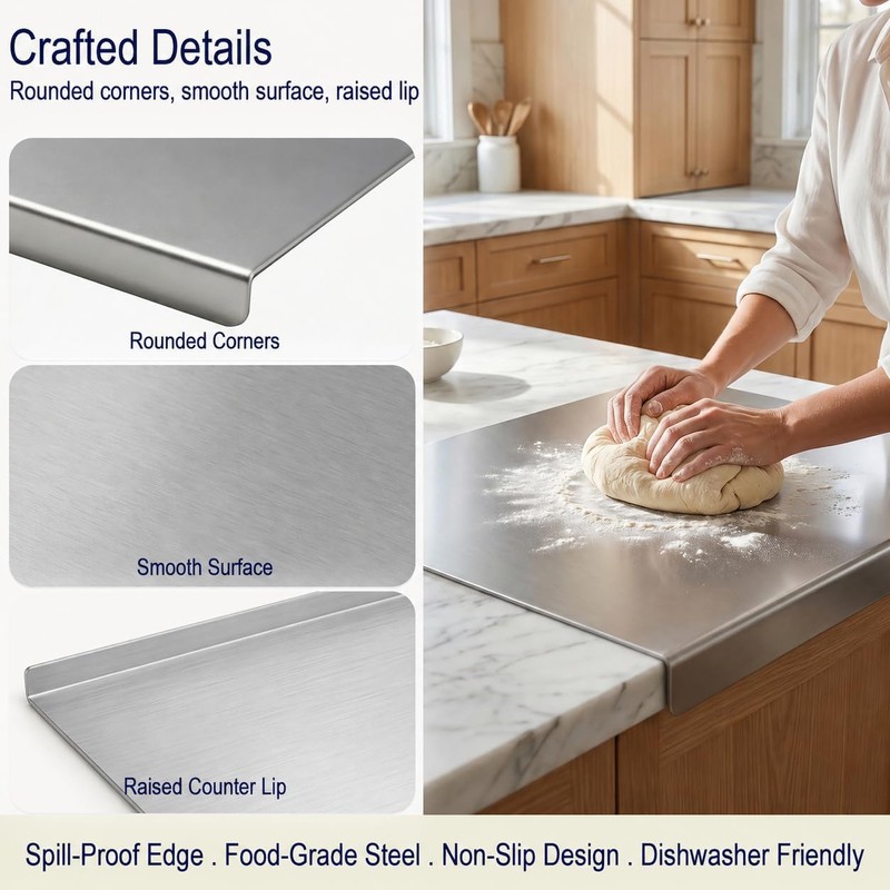 Stainless Steel Cutting Board with Counter Lip,Metal Pastry Board Kitchen