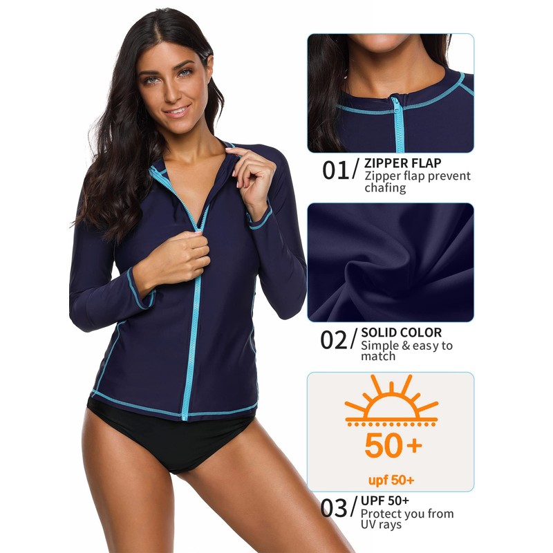 ATTRACO Womens Rash Vest Zip Long Sleeve UPF 50 Rash