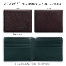 maskfactory stwees bifold leather wallets - Ultra slim, RFID, Front pocket, slim, ID window (Pocket style E, Brown), Brown, Slime Fashin