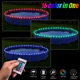 Ehaijia Remote Control LED Pool Lights for Above Ground Pools, 16Ft Submersible LED Rim Lights, C Battery Box, 16 Color Changing at Night, Waterproof