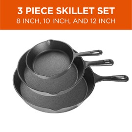 Commercial CHEF 3-Piece Cast Iron Skillet Set – 8 inch, 10 inch, and 12 inch - Pre-seasoned Cast Iron Cookware