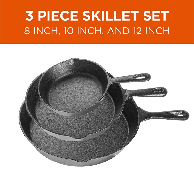 Commercial CHEF 3-Piece Cast Iron Skillet Set – 8 inch,