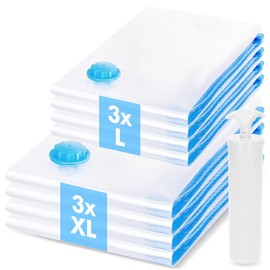 Vacuum Bags for Clothes Travel, Pack of 6 Vacuum Bags for Duvets, 3 Extra Large + 3 Large Vacuum Bags for Clothing, Vacuum Bags Clothes with Hand Pump