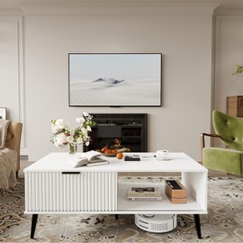 41.34''D Coffee Table, 2-Tiers Farmhouse Coffee Tables With Storage and Sliding Wave Pattern Door, Modren Tea Table, Wooden Dining Center Tables for Living Room, Office, Bedroom, Outdoors, White