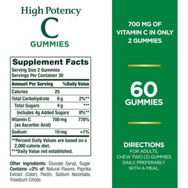 Nature's Bounty Vitamin C Gummies 700mg, High Potency Vitamin C Gummies for Adults, Immune Support Supplement, Dietary Supplement, Orange Flavor, 60 Chewable Vitamin C Gummies