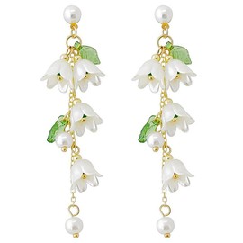 Zszkoz Dangle Flower Leaf Earring for Women White Fairy Flower Earrings Summer Dangling Long Tassel Earrings Lily Of The Valley Earrings Jewelry (white flower)