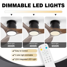 revoici 52'' Ceiling Fan with Lights and Remote, 3 Blade Amber Wood Low Profile Flush Mount Ceiling Fan Indoor, Reversible 6 Speeds Dimmable LED Light Fan for Bedroom Living Room Farmhouse