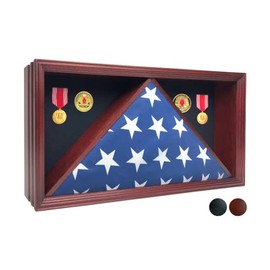 ILOT Military Shadow Box - Solid Wood Flag Case for American Veteran Burial Flag fit a Folded 5'x9.5' Flag, Velvet Like Felt Lining for Medals, and Polished Plexiglass (Mahogany)