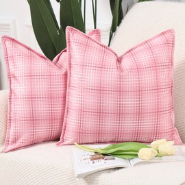 Madizz Set of 2 Outdoor Woven Cushion Covers with Edge Soft Decorative Cushion Covers for Patio Sofa Bedroom Cushion Cover Pink 40 x 40 cm Square