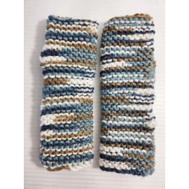 Handmade Hand Knitted Fingerless Wrist Warmers Gloves Country Basket Blue Mix Thumb Hole
