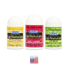 Lip Naturals Assorted Mini Lip Balms with Sunscreen (SPF-15) & Keychain - 12 Count, 3 Flavors: Tea Tree Mint, Vanilla Bean, Bing Cherry (0.10oz/3g Each) - Made in USA