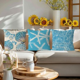 QIONG MENG Summer Pillow Covers 18x18 Inch Set of 4 Sea Turtle Shell Throw Pillow Case Stay Salty Blue Summer Cushion Case for Home Sofa Living Room Farmhouse Decorations