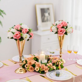 Gold Vase Centerpiece Table Decorations - 2 Pcs Metal Tabletop Flower Stand, Wedding Decorations for Reception, 14in Trumpet Tall Flower Vase for Birthday, Weddings, Anniversary Ceremony, Home Decor