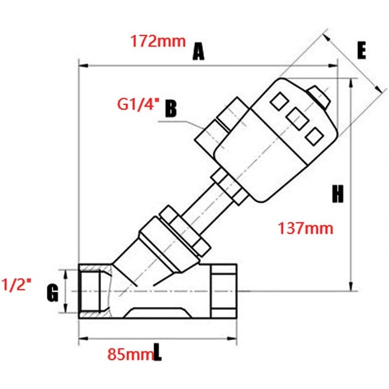 Pneumatic Angle Seat Valve, 304 Stainless Steel, Single-Acting with Spring
