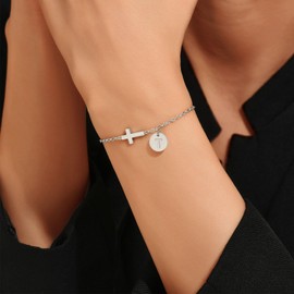 JUTOLOKA 18K Gold Plated Cross Link Bracelets for Women | Tiny Cute Initial A-Z Cross Bracelets | Adjustable Chain Bracelet | Religious, Christian Baptism Gift for Her, T, Stainless Steel, no gemstone