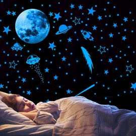 Luminous Stars Wall Stickers, Rockets and Planets Glow in the Dark, Luminous Stars Wall Stickers, Ceiling Stars Wall Stickers (Blue)