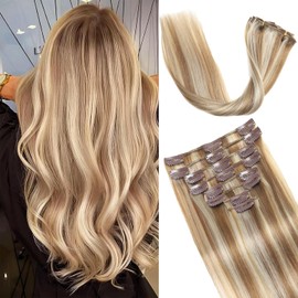 Clip in Hair Extensions Real Human Hair, Seamless Balayage Human hair Clip ins Extensions for Women Invisible Straight 8Pcs Double Weft Light Blonde Highlight Golden Blonde 18inch 100g