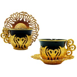 Premium Schwarz Gold Griechisch Arabisch Marokkanisch Türkisch Kaffee Porzellan Tassen,Set mit 2 Stück,2 Tassen bestehend aus 6 Stück,Beste Geschenkidee