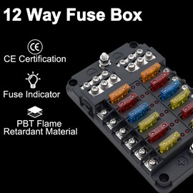 KAOLALI Fuse Box, Blade Fuses Block with Negative Bus 12 way Car Fuse Box Holder with LED Indicator Damp-Proof Cover for 12V Boat Automotive Car Truck Marine Bus RV Van