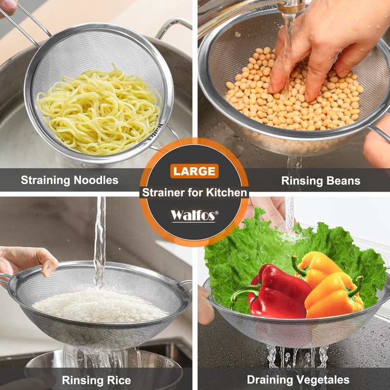 Walfos 9.5 Inch Large Fine Mesh Strainer, Stainless Steel 30