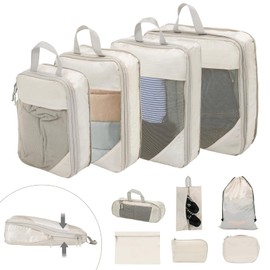 BillyBath Suitcase Organiser Set, 10 Pieces, Packing Cubes, Clothes Bags, Shoe Bag, Travel Organiser, Packing Cubes, Cosmetics, Travel Organiser, Packing Bags for Suitcases (Beige)