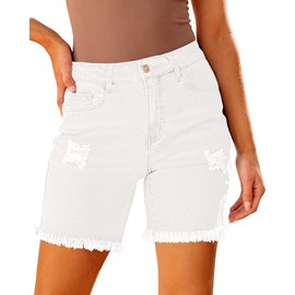 luvamia Jean Shorts for Women High Waisted Trendy Casual Distressed Stretchy Denim Long Shorts Ripped Raw Hem Shorts Womens Colored Denim Shorts for Women Cream White Size Small Size 4 Size 6