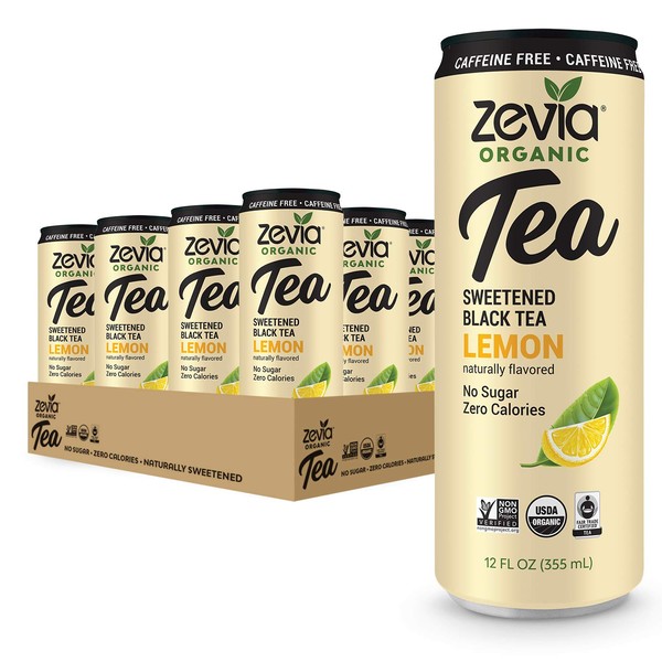 Zevia Organic Sugar Free Iced Tea, Caffeine Free Black Tea Lemon, 12 Ounce Cans, (Pack of 12)