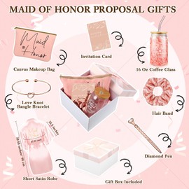 Irenare Irenare 8 Pcs Maid of Honor Proposal Gifts Set Robes Makeup Bag Cup Cards Hair Tie Bracelet Diamond Pen Bridesmaid Gift Box