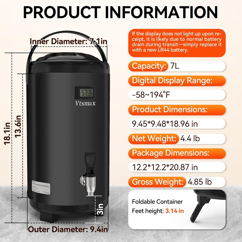 Commercial 2-Gallon Beverage Dispenser with Temperature Display, Black