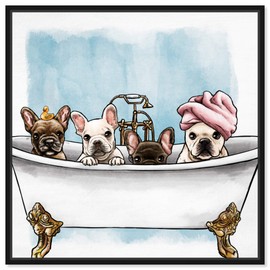 The Oliver Gal Artist Co. Animals Framed Wall Art Canvas Prints 'Frenchies in The Tub' Dogs and Puppies Home Décor, 16" x 16", White, Blue