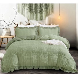 Double Green Duvet Cover Set White 3 Pieces Seersucker Duvet Cover Ruffle Bedding Set,Soft Microfiber,2 Pillowcases and Zipper Closure,Double Size 200×200 cm