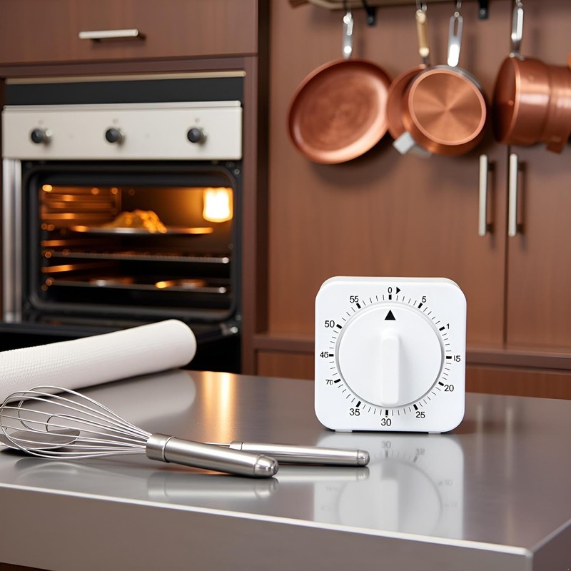 White Square Timer Clock 60-Minute Mechanical Kitchen Timer Wind up
