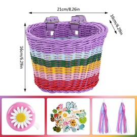 CJBIN Kids Bike Basket, Bike Basket Front Kids, Handwoven Bicycle Basket, Cycling Baskets with Spare Leather Straps, Cute Sticker, Bike Tassels and Bike Bell, Bike Accessories for Kids Girls, Coloured