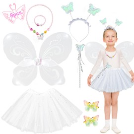 Embravfire White 8PCS Fairy Wings Costume for Kids with Butterfly Fairy Wings and Wand, Tutu, Claw Clip, Necklace and Bracelet for Christmas,World Book Day Fairy Princess Costume for Girls