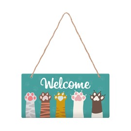SUPERDANT Paw Print Plastic Plaque Colourful Front Door Sign Rustic Welcome Door Sign with Jute String Funny Wall Door Decor for Front Door for Home Farmhouse Office Coffee Bar Decoration