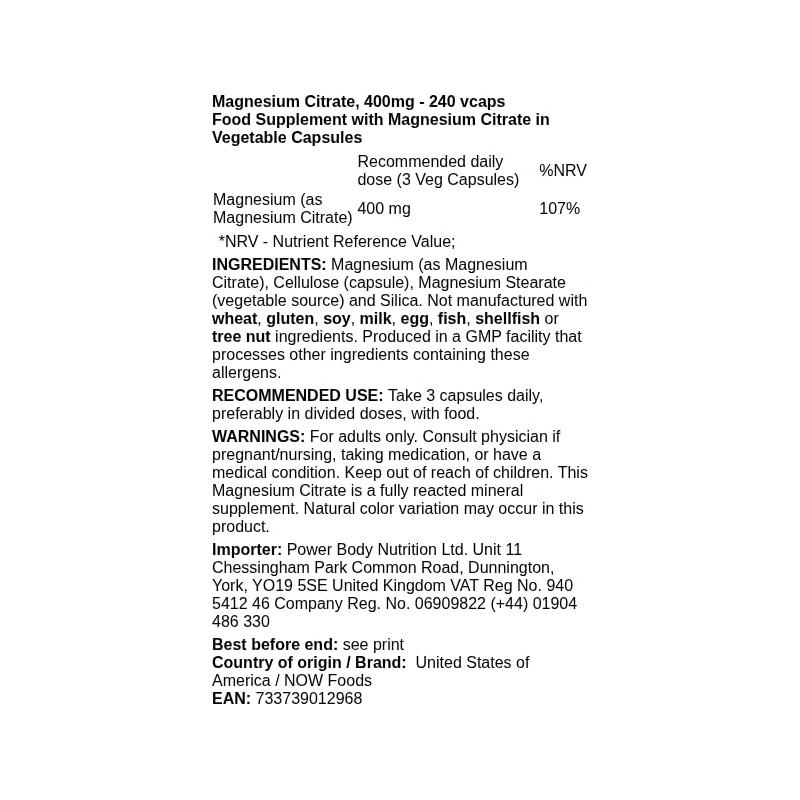 Now 400mg Magnesium Citrate 240 Capsules