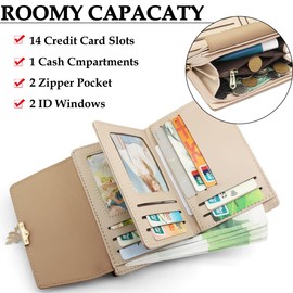 GOUNNU Women's PU Leather Purse RFID Protection Women's Purse Many Compartments Women's Wallet in Short Format with 14 Card Slots and Coin Compartment, Camel, Contemporary