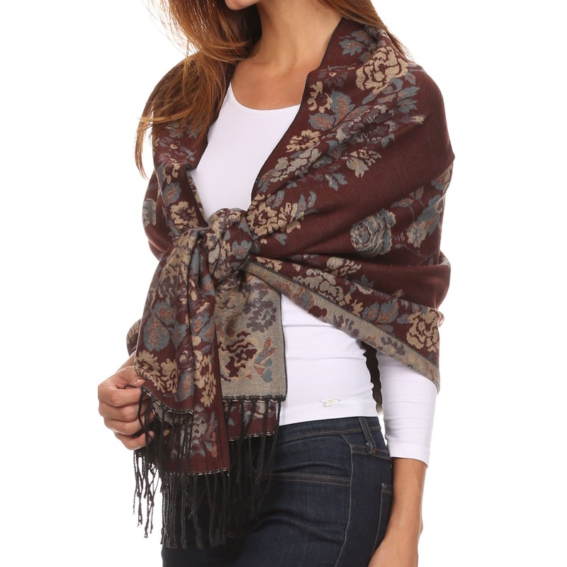 Sakkas CHS1810 Ontario Doppelschicht Blumen Pashmina/Schal/Wrap/Stola mit Fransen - 2-braun