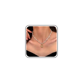 TseenYi Pearl Choker Necklace Pearl Square Pendant Necklace Gold Pearl Necklace Layered Twisted Pearl Necklace Small Pearl Beaded Necklace Tiny Beads Pearl Strand Necklace Vintage Pearl Chain Necklace