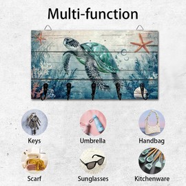 DELORIGIN Key Holder with Sea Turtle and Ocean Motif, Key Holder with 5 Key Hooks, Hook Rack, Key Holder, Key Holder, No Drilling, Wooden for Entrance Area, Front Door, Wall Decoration