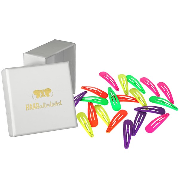 HAARallerliebst Hair Clips Small (Pack of 20 | Neon | 3.9 cm) with Storage Box (Box Colour: White)