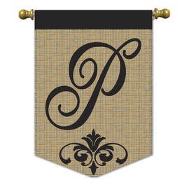 Monogram P Black Fleur de Lis 18 x 13 Pendant Shape Burlap Double Applique Small Garden Flag